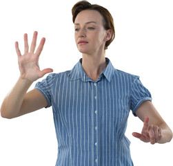 Digital png photo of caucasian businesswoman pointing on transparent background