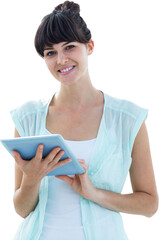 Digital png photo of happy caucasian woman using tablet on transparent background