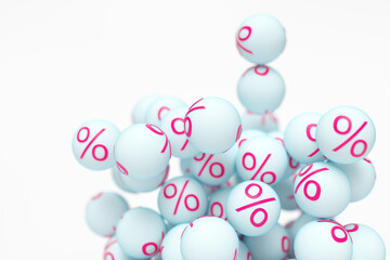 Close-up of a group of spheres with a percentage on a white background. 3d rendering illustration