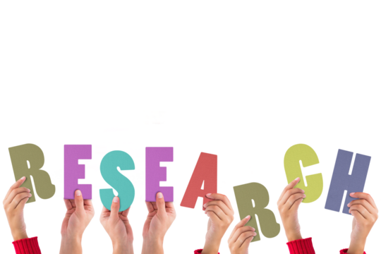 Digital png illustration of hands with research text on transparent background