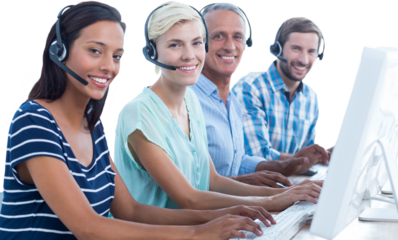 Digital png photo of diverse business people using computers at desks on transparent background