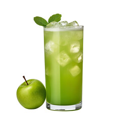 front view of green apple juice with ingredients isolated on a transparent white background 