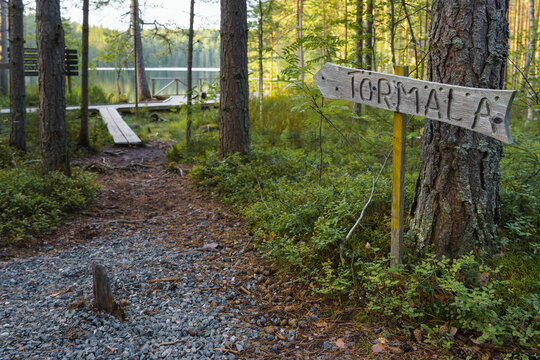 Wooden directional sign pointing towards Törmälä in Southern Konnevesi National Park