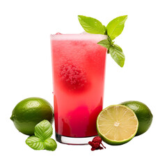 front view of guava juice with ingredients isolated on a transparent white background 