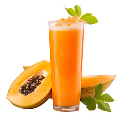 front view of papaya juice with ingredients isolated on a transparent white background  - obrazy, fototapety, plakaty