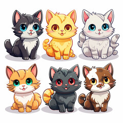 Obraz premium Set of cute cartoon cat stickers with different emotions. Vector illustration.