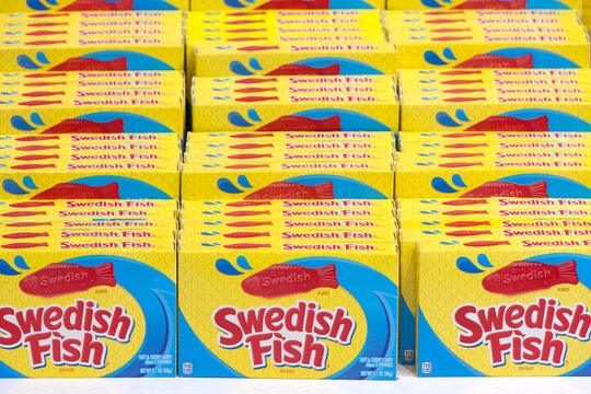 San Francisco, CA - Oct 4, 2023: Boxes of Swedish Fish lined up in rows on store shelf.