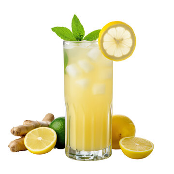 front view of lemon ginger elixir juice with ingredients isolated on a transparent white background 
