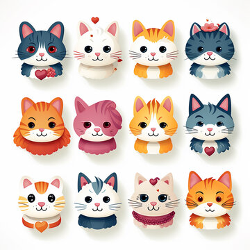 Set of cute cartoon cat stickers with different emotions. Vector illustration.