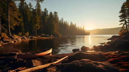Dawn's Serenity: Canoe Resting by the Forested Riverbank at Sunrise - obrazy, fototapety, plakaty