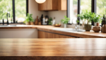 Empty Beautiful wood table top and blur bokeh modern kitchen interior background in clean and bright
