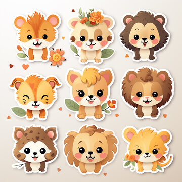 Cute cartoon animals stickers set. Vector illustration of cute animals.