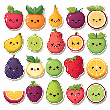 Set of cute cartoon fruits and vegetable characters. Vector illustration isolated on white background.