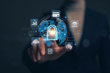 Businessman finger touching padlock icon.Cybersecurity protection concept.Innovative digital crime prevention technology.Financial data protection financial transaction security.