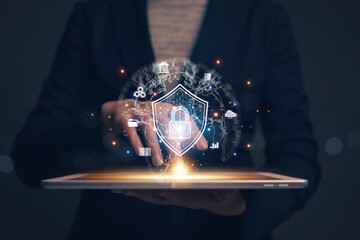 Businessman finger touching padlock icon.Cybersecurity protection concept.Innovative digital crime prevention technology.Financial data protection financial transaction security.