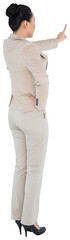 Digital png photo of back of asian businesswoman pointing on transparent background