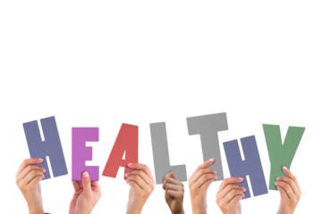 Digital png illustration of hands with healthy text on transparent background