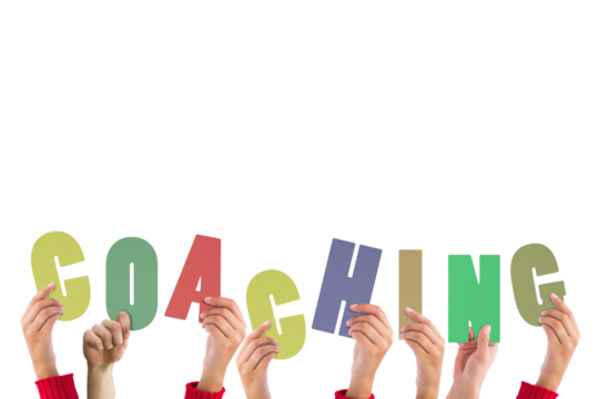 Digital png illustration of hands with coaching text on transparent background - Powered by Adobe