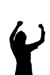 Digital png silhouette of woman with long hair, raising arms on transparent background