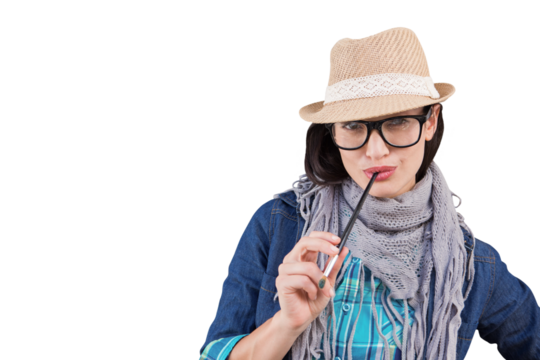 Digital png photo of caucasian woman with hat, glasses and brush on transparent background