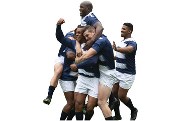 Digital png photo of happy diverse football players celebrating victory on transparent background