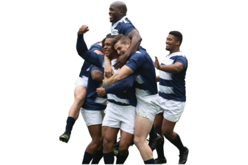 Digital png photo of happy diverse football players celebrating victory on transparent background