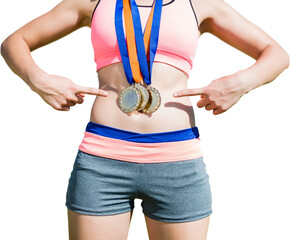 Digital png photo of mid section of sportswoman with medals on neck on transparent background