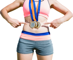 Digital png photo of mid section of sportswoman with medals on neck on transparent background