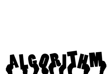 Digital png illustration of hands and algorithm text on transparent background