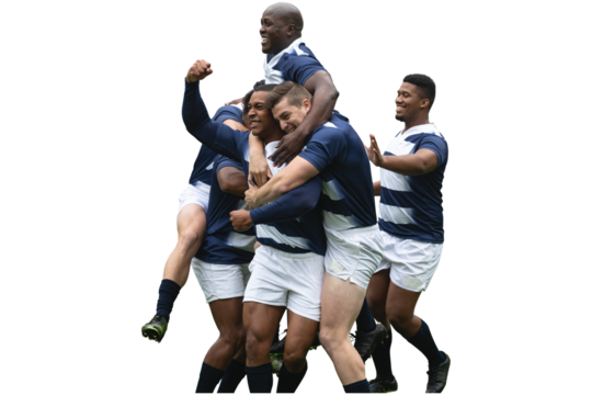 Digital png photo of happy diverse football players celebrating victory on transparent background - Powered by Adobe