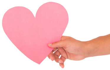 Digital png photo of hand holding pink paper heart on transparent background