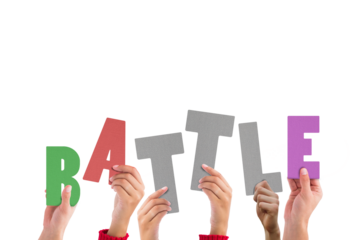 Digital png illustration of hands and battle text on transparent background