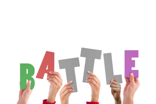 Digital png illustration of hands and battle text on transparent background