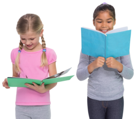 Digital png photo of two diverse girls reading from notebooks on transparent background
