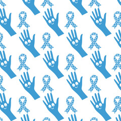 Fototapeta premium Digital png illustration of blue hands with smiles and ribbons repeated on transparent background
