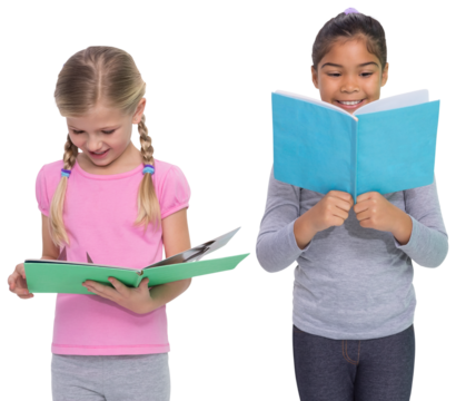Digital png photo of two diverse girls reading from notebooks on transparent background