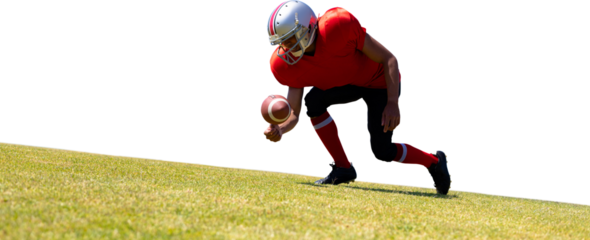 Digital png photo of american football player with ball running on grass on transparent background