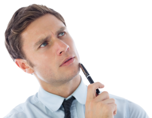Digital png photo of pensive caucasian businessman with pen looking on transparent background