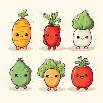 Cute kawaii vegetables character set. Vector illustration in cartoon style.