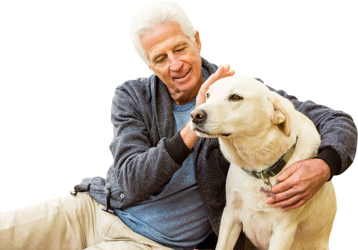 Digital png photo of happy caucasian senior man embracing dog on transparent background
