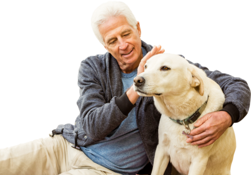 Digital png photo of happy caucasian senior man embracing dog on transparent background
