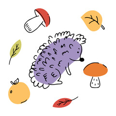 Hedgehog, foliage, mushrooms on white background