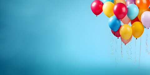 colourful balloons isolated on empty blue wall background with copy space