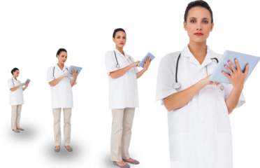 Digital png photo of caucasian female doctors with tablet on transparent background
