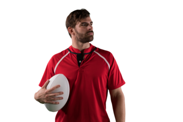 Digital png photo of caucasian male rugby player holding ball on transparent background