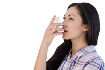 Digital png photo of caucasian woman with inhaler on transparent background