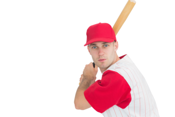 Digital png photo of caucasian male baseball player with baseball bat on transparent background