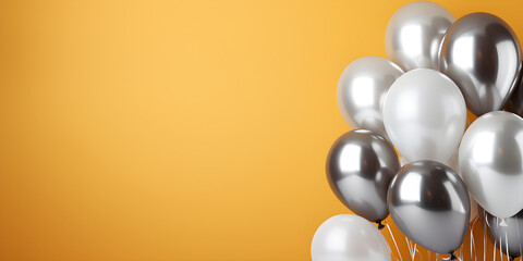 silver and gold balloons isolated on empty golden yellow wall background with copy space - Powered by Adobe