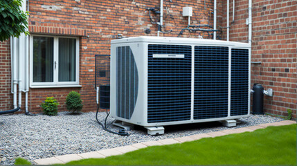 Modern air source heat pumps installed outside of new and modern city house, green renewable energy concept of heat pump - obrazy, fototapety, plakaty