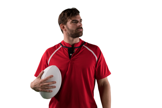 Digital png photo of caucasian male rugby player holding ball on transparent background